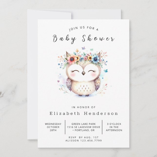 Invitación Baby Shower de búho imprimible simple (Anverso)