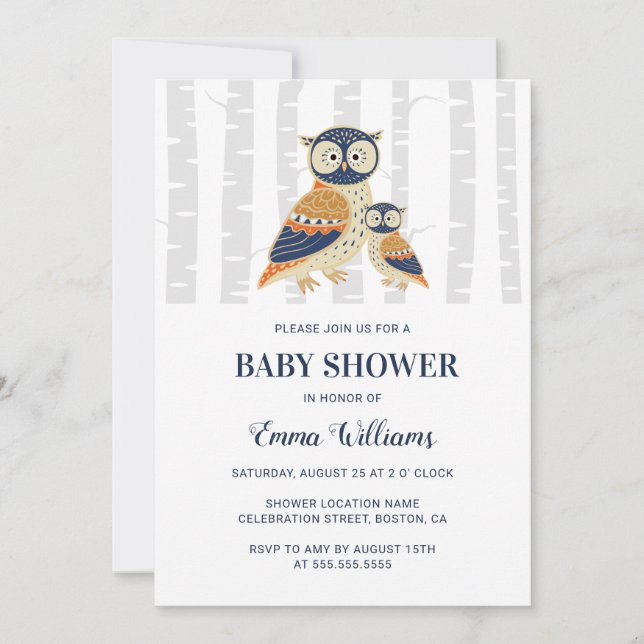 Invitación Baby Shower de búho moderno - Invierno (Anverso)
