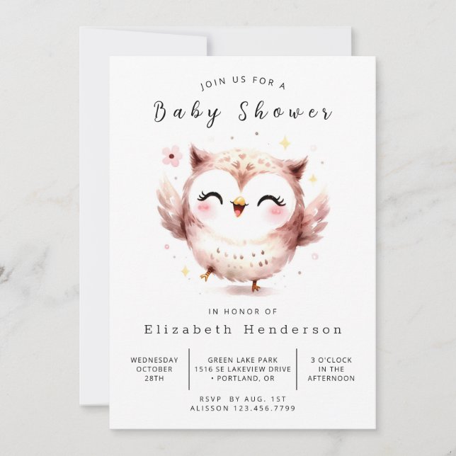 Invitación Baby Shower de búho simple editable (Anverso)