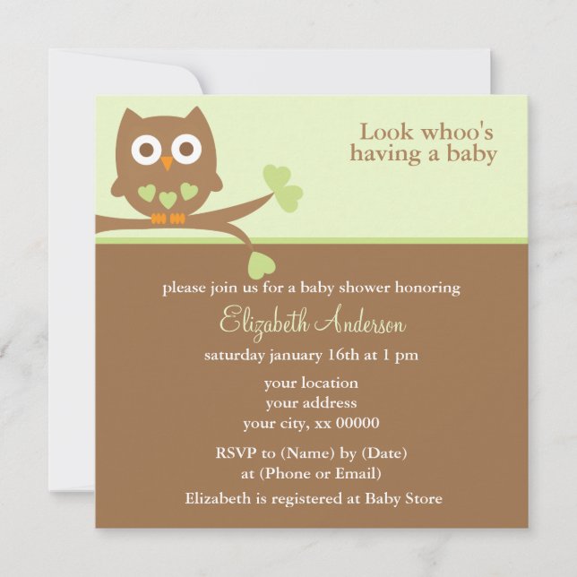 Invitación Baby Shower de búho verde (Anverso)