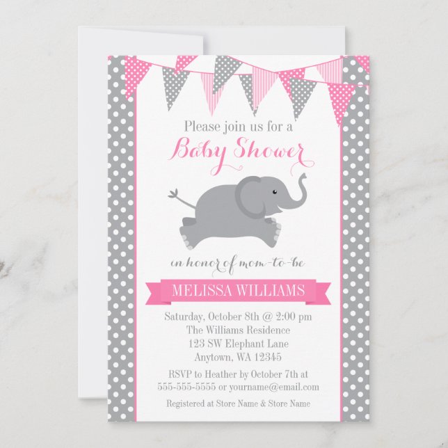 Invitación Baby Shower de Bungalows de dot de polka gris rosa (Anverso)
