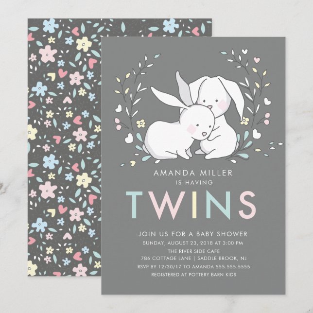 Invitación Baby Shower de Bunny Love TWINS (Anverso / Reverso)