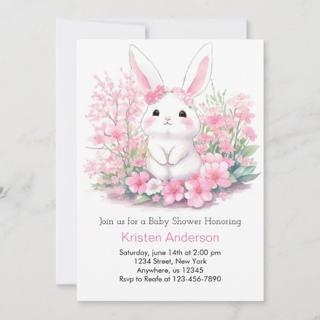 Invitación Baby Shower de Bunny's Pink Woodland Adventure (Anverso)