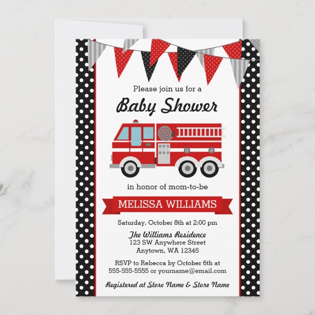 Invitación Baby Shower de Bunting de Dot de Fire Truck (Anverso)