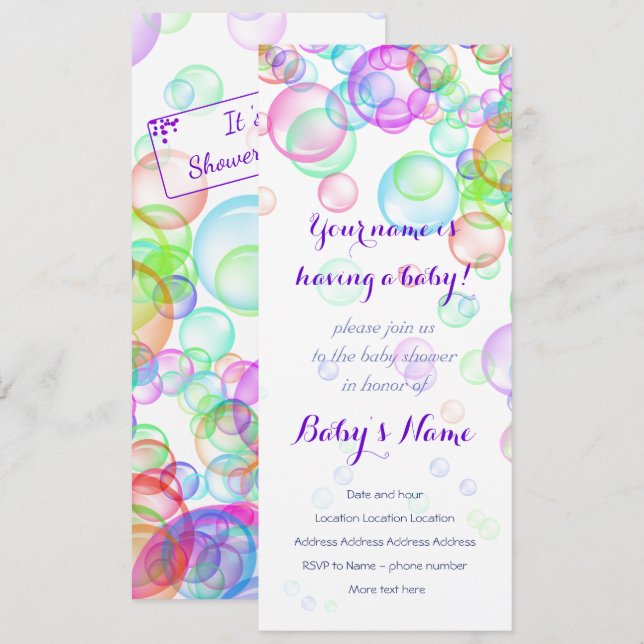 Invitación Baby Shower de burbujas de jabón arco iris (Anverso / Reverso)