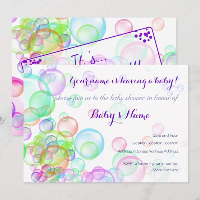 Invitación Baby Shower de burbujas de jabón arco iris (Anverso / Reverso)