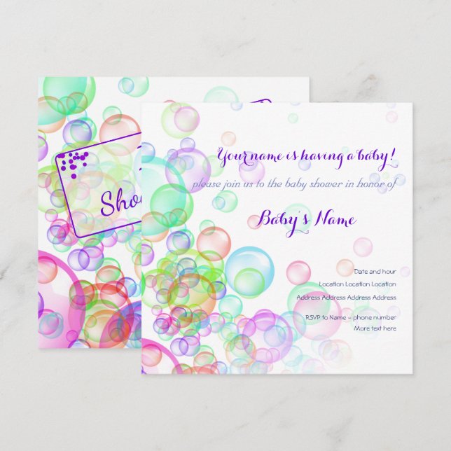 Invitación Baby Shower de burbujas de jabón arco iris (Anverso / Reverso)