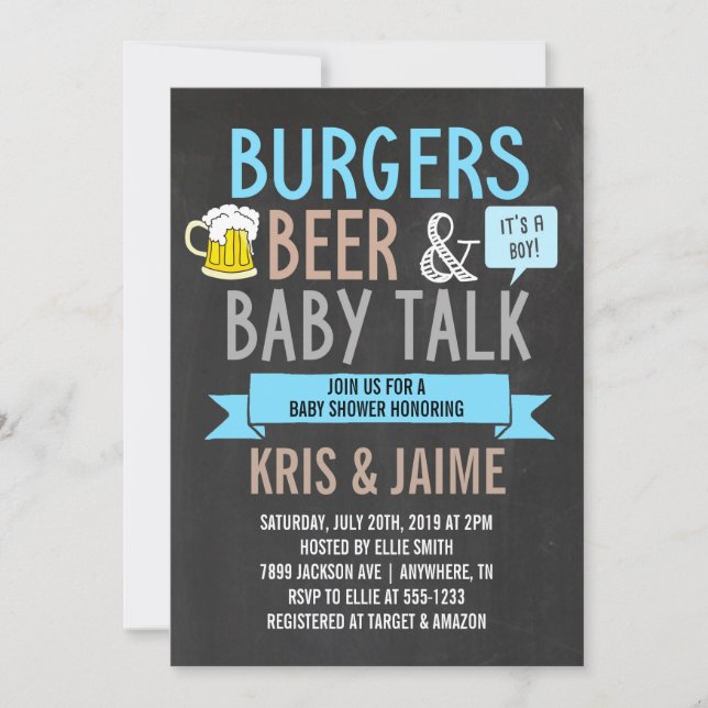 Invitación Baby Shower de Burgers Beer & Baby Talk Boy (Anverso)