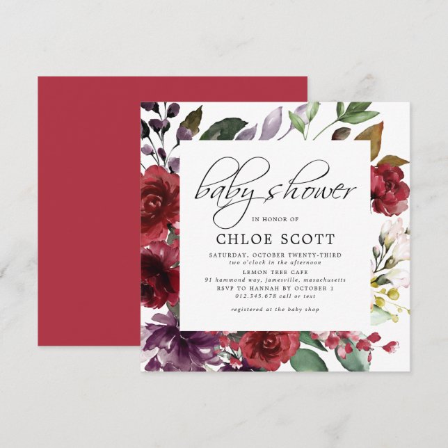 Invitación Baby Shower de Burgundy Red Floral Square (Anverso / Reverso)