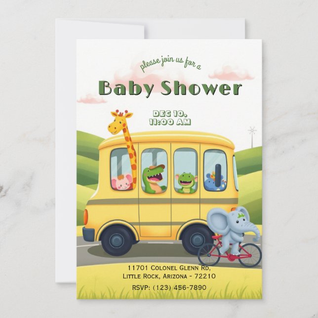 Invitación Baby Shower de bus de escuela animal (Anverso)