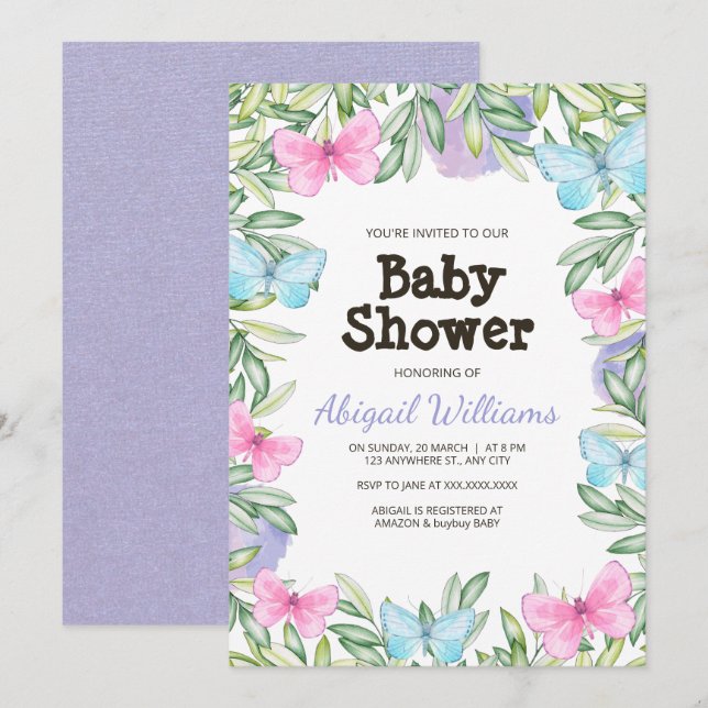 Invitación Baby Shower de Butfly Garden (Anverso / Reverso)