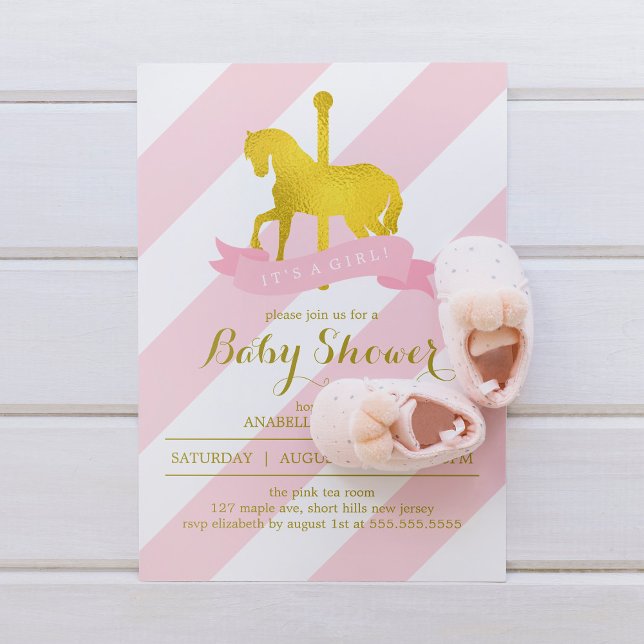 Invitación Baby Shower de caballo de carrusel rosado (Subido por el creador)