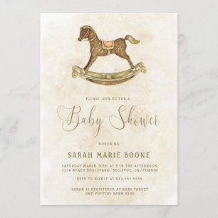 Invitación Baby Shower de caballo de rock de oro vintage