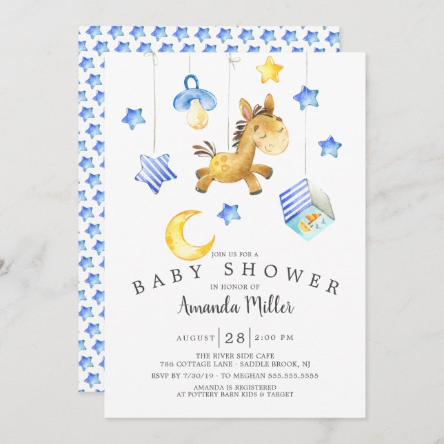Invitación Baby Shower de caballo móvil de Baby Boy (Anverso / Reverso)