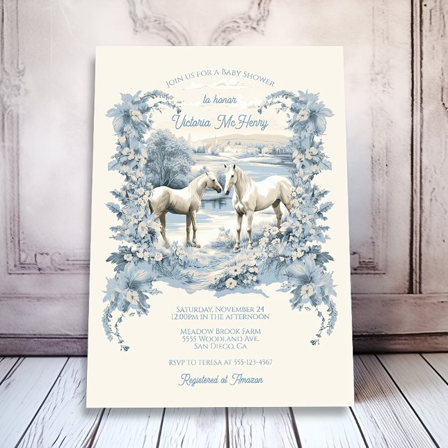 Invitación Baby Shower de Caballos Blancos Florales de Toile (Subido por el creador)