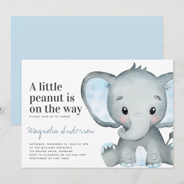 Invitación Baby Shower de cacahuete de elefante azul (Anverso / Reverso)