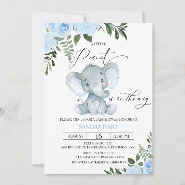 Invitación Baby Shower de cacahuete de Elefante Floral Azul (Anverso)
