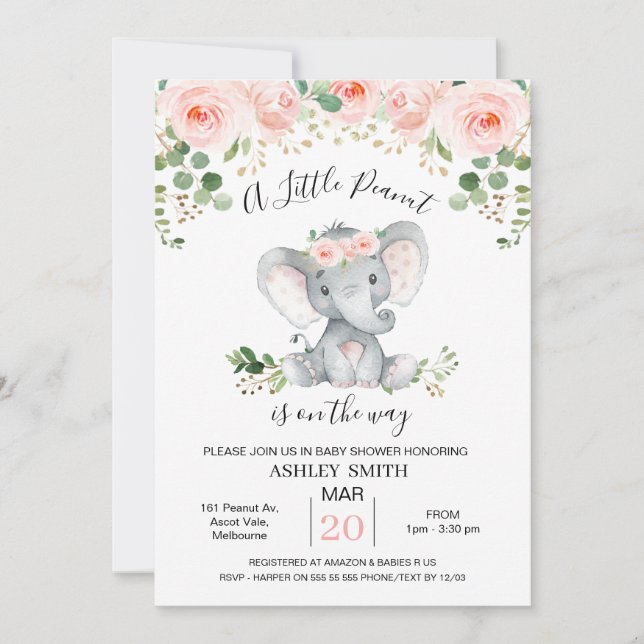 Invitación  Baby Shower de cacahuete de Elefante Floral Rosa (Anverso)