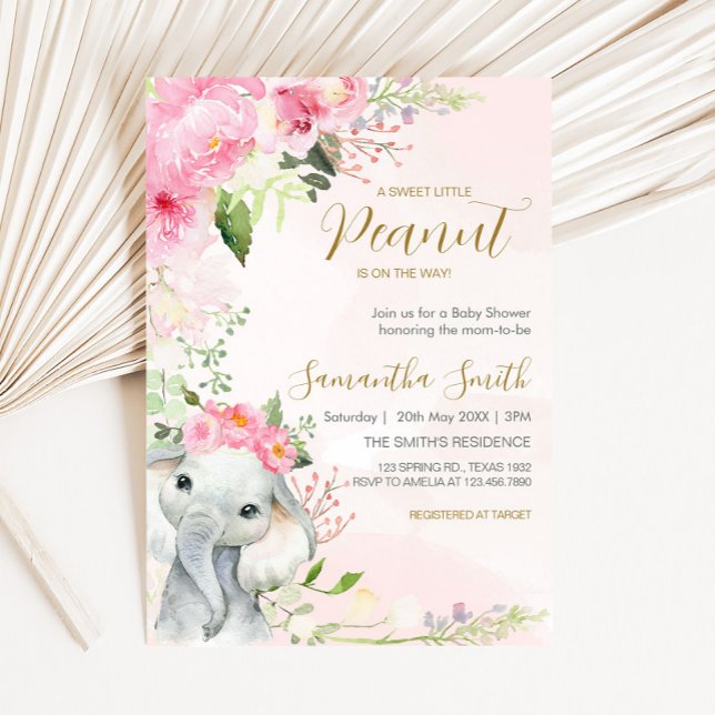 Invitación Baby Shower de cacahuete floral rosa (Pink Floral Elephant Spring Baby Shower Invitation
)