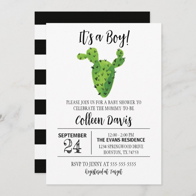 Invitación Baby Shower de Cactus en blanco y negro (Anverso / Reverso)