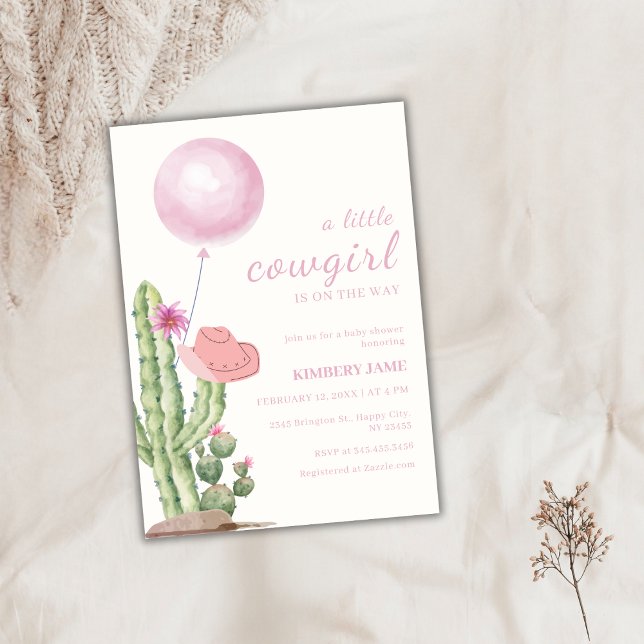 Invitación Baby Shower de Cactus Occidental Rosa Balloon Cowg (Pink Western Cactus Balloon Cowgirl Baby Shower Invitation)