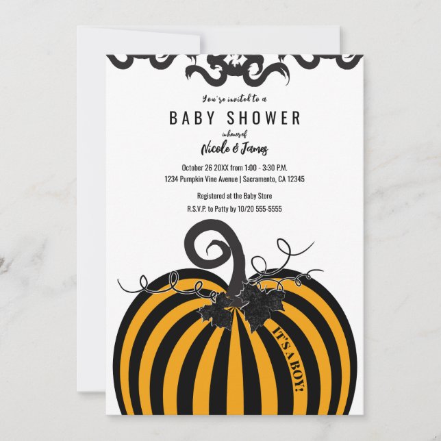 Invitación Baby Shower de caída de calabaza en franja negra y (Anverso)