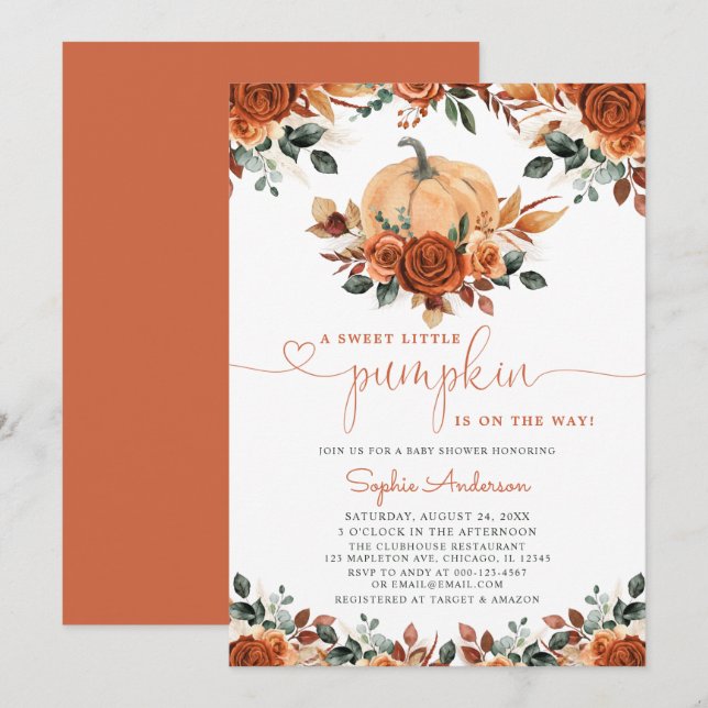 Invitación Baby Shower de caída de calabaza floral Naranja qu (Anverso / Reverso)