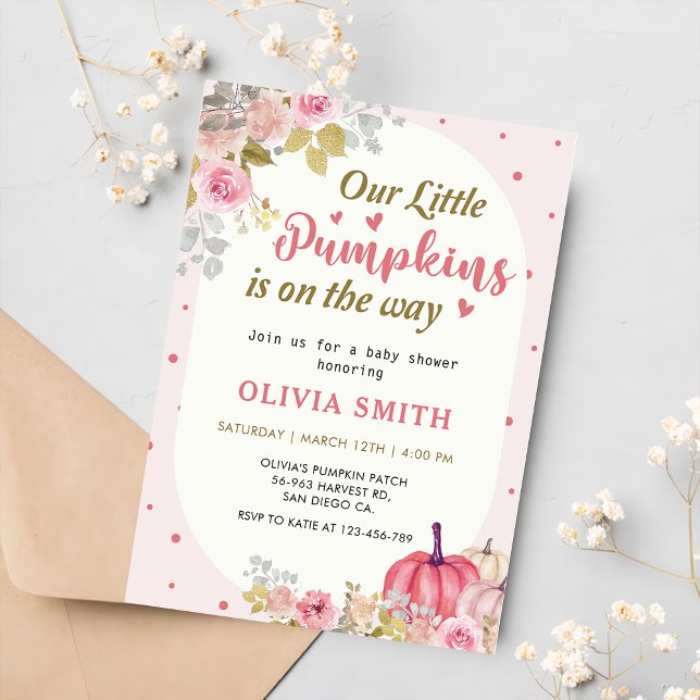 Invitación Baby Shower de caída de calabaza floral rosa (Subido por el creador)