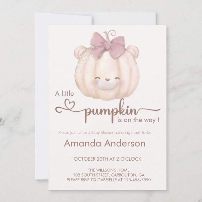 Invitación Baby Shower de caída del oso de calabaza pequeña (Anverso)