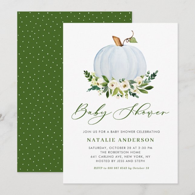 Invitación Baby Shower de caída floral de calabaza azul acuar (Anverso / Reverso)