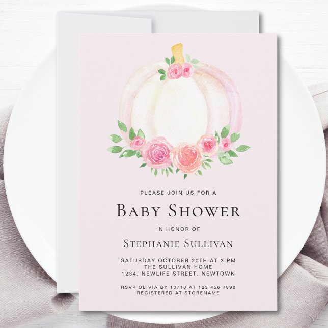 Invitación Baby Shower de caída floral de calabaza rosa (Subido por el creador)