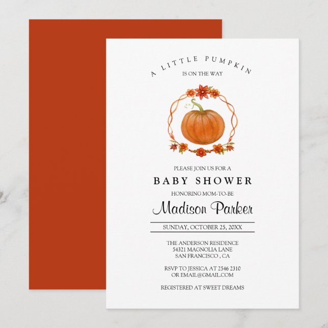 Invitación Baby Shower de calabaza (Anverso / Reverso)