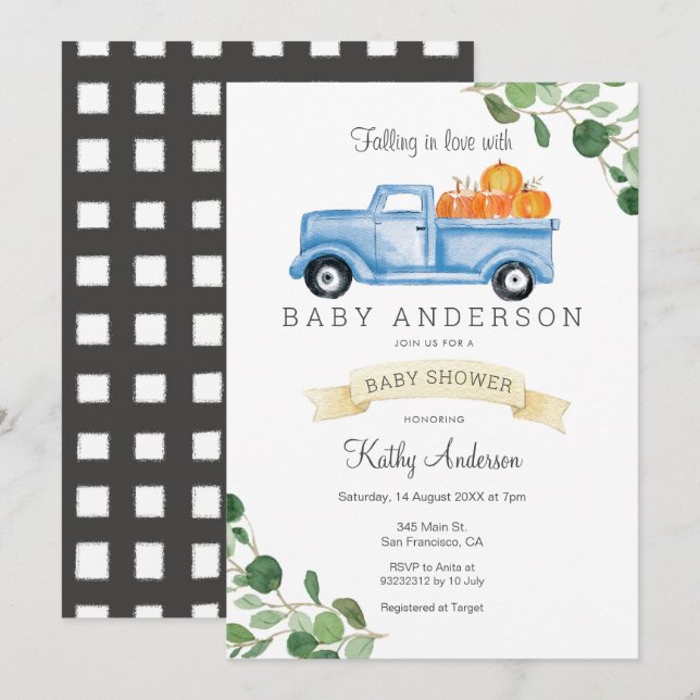 Invitación Baby Shower de calabaza azul (Anverso / Reverso)