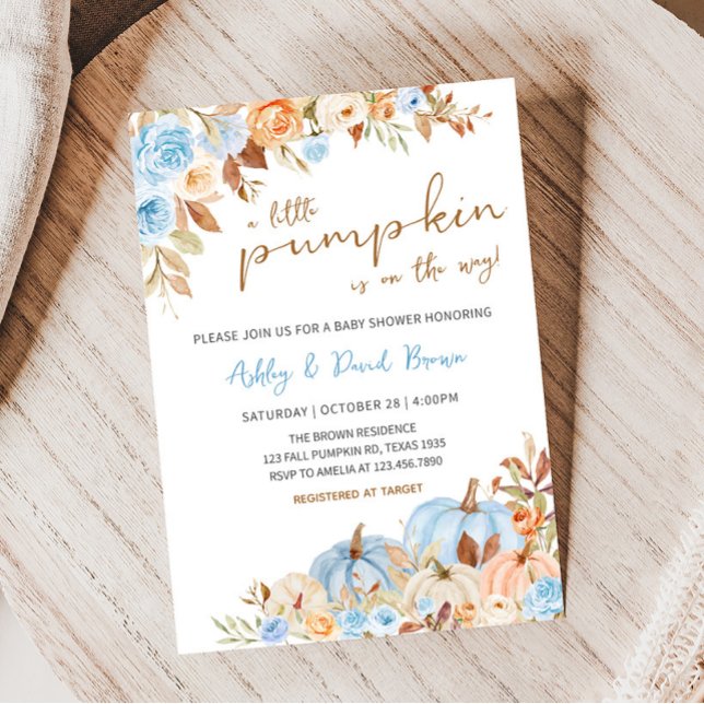 Invitación Baby Shower de Calabaza Azul Caída (Blue Fall Floral Baby Shower Invitation)