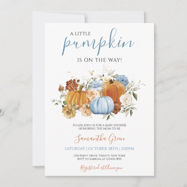 Invitación Baby Shower de calabaza azul de niño (Anverso)