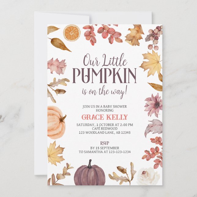 Invitación Baby Shower de calabaza, bebé otoño, otoño (Anverso)