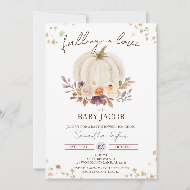 Invitación Baby Shower de calabaza blanca, enamorándose (Anverso)