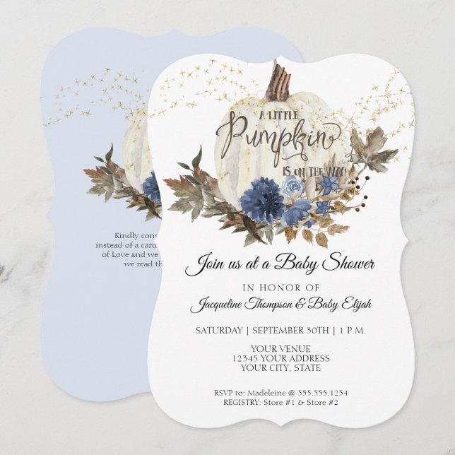 Invitación Baby Shower de calabaza blanca floral azul marina (Anverso / Reverso)