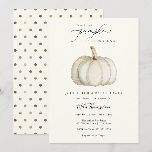 Invitación Baby Shower de calabaza blanca y dorada (Anverso / Reverso)