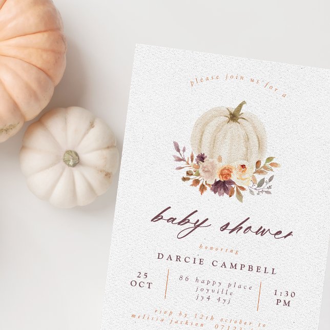 Invitación Baby Shower de calabaza blanca y flores de otoño (Subido por el creador)