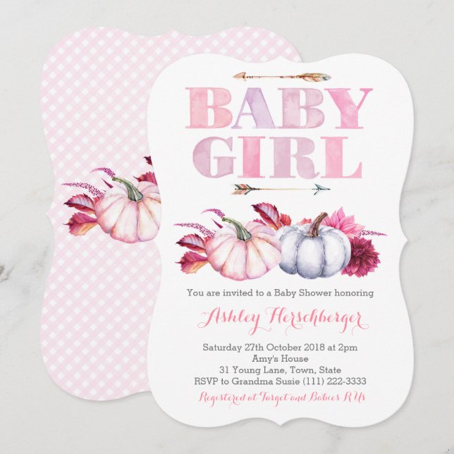 Invitación Baby Shower de calabaza bohemia para Chica (Anverso / Reverso)