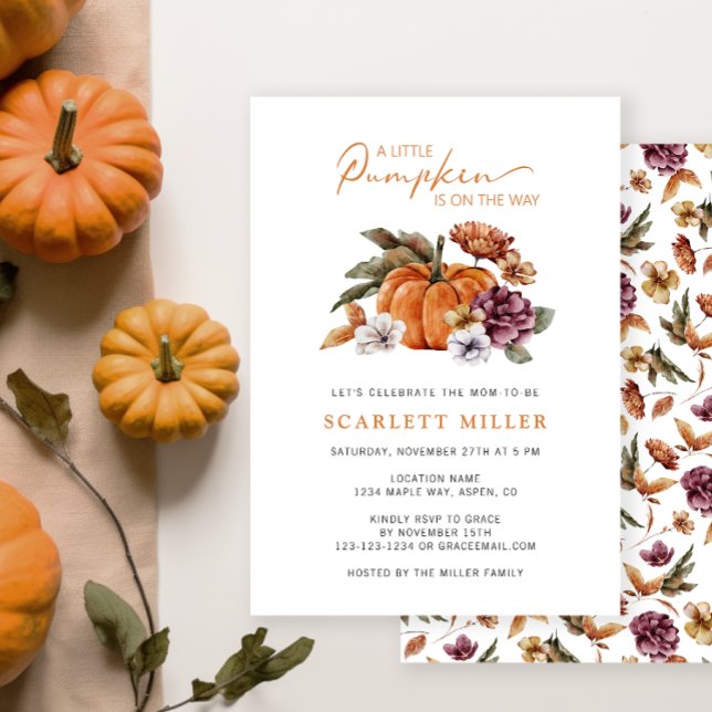 Invitación Baby Shower de Calabaza Boho (A Little Pumpkin Is On The Way Baby Shower Invitation Fall Autumn Watercolor Floral)