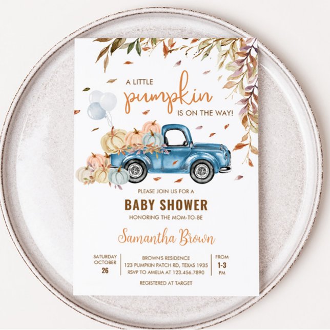 Invitación Baby Shower de calabaza de camión azul (Boy Little Pumpkin Truck Baby Shower Invitation)