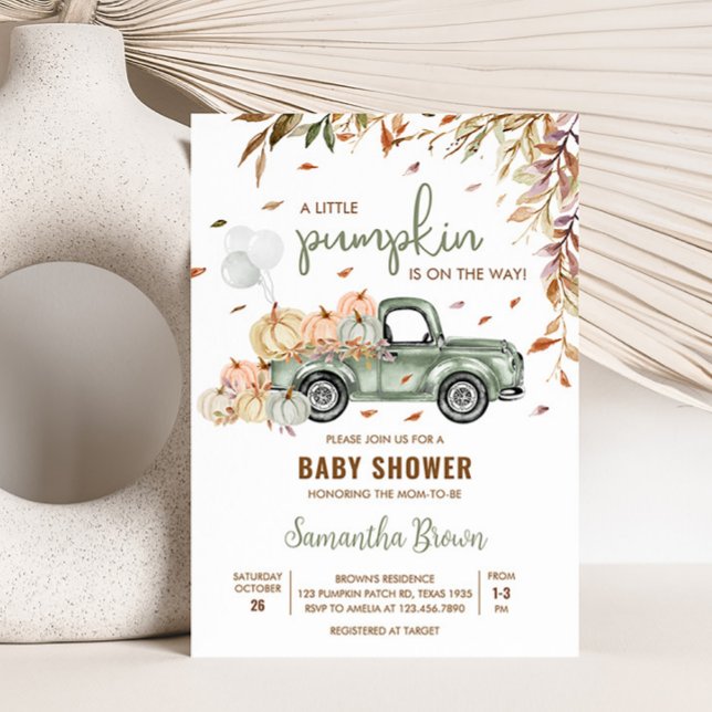 Invitación Baby Shower de calabaza de camión verde (Little Pumpkin Green Truck Baby Shower Invitation)