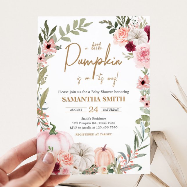 Invitación Baby Shower de calabaza de flores de otoño (Autumn Little Pumpkin Baby Shower Invitation)
