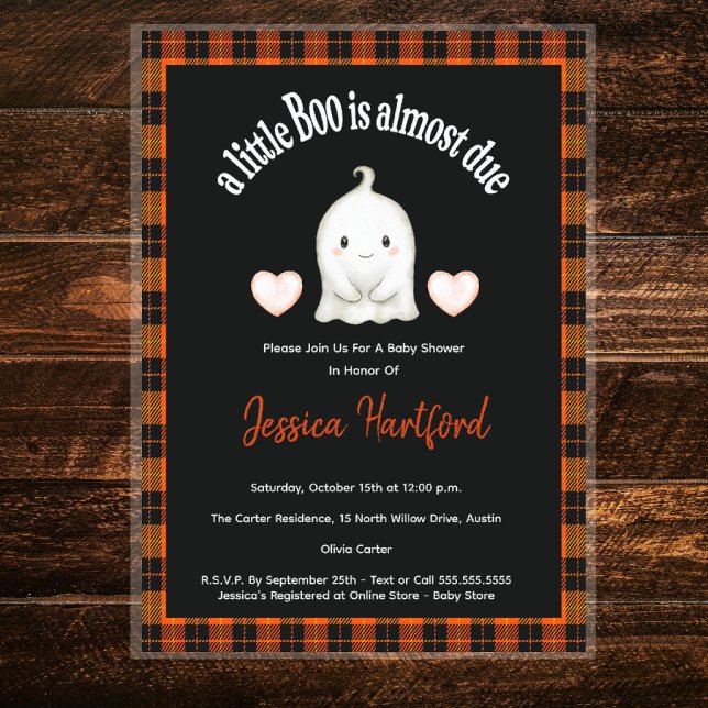 Invitación Baby Shower de calabaza de Halloween (Halloween Baby Shower - Little Boo with love hearts and orange black plaid border. Super cute!)