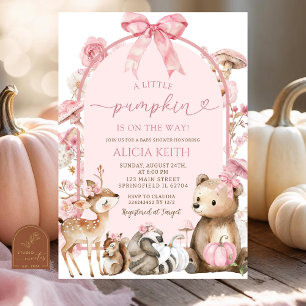 Invitación Baby Shower de calabaza de madera blanca y rosa