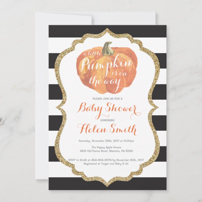 Invitación Baby Shower de calabaza de oro y negro naranja (Anverso)