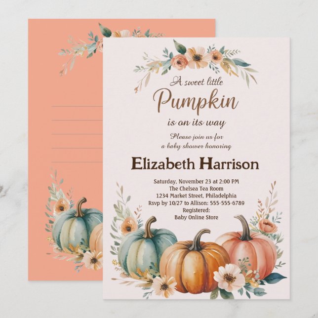 Invitación Baby Shower de calabaza de personalizable (Anverso / Reverso)