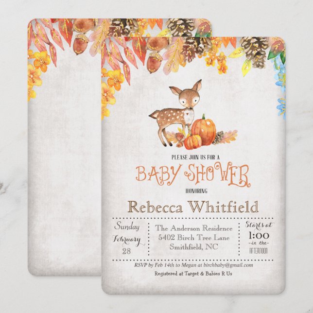 Invitación Baby Shower de calabaza de venado peque (Anverso / Reverso)